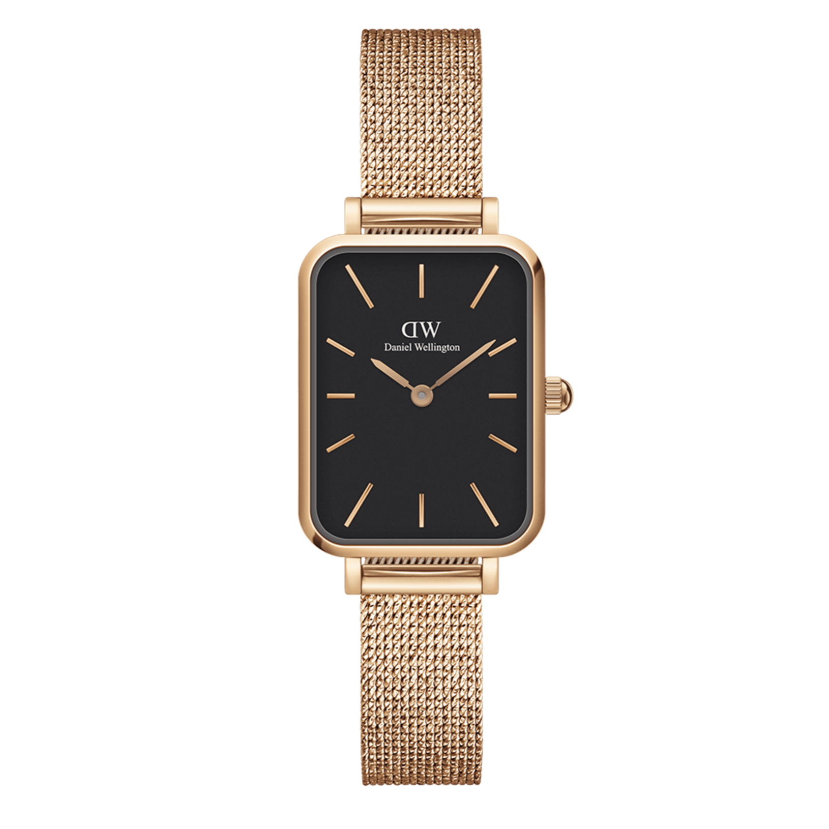 Daniel Wellington Quadro Melrose Black Dial Rose Gold Mesh Bracelet Watch For Women - DW00100432