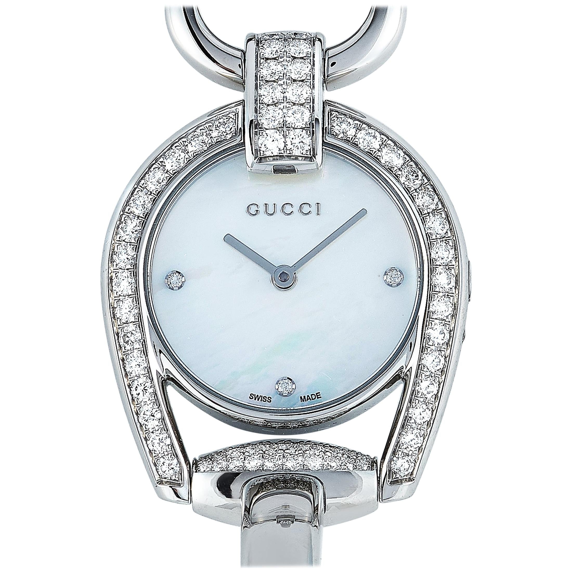 Gucci Horsebit Collection Diamonds Mother of Pearl Dial Silver Steel Strap Watch For Women - YA139505