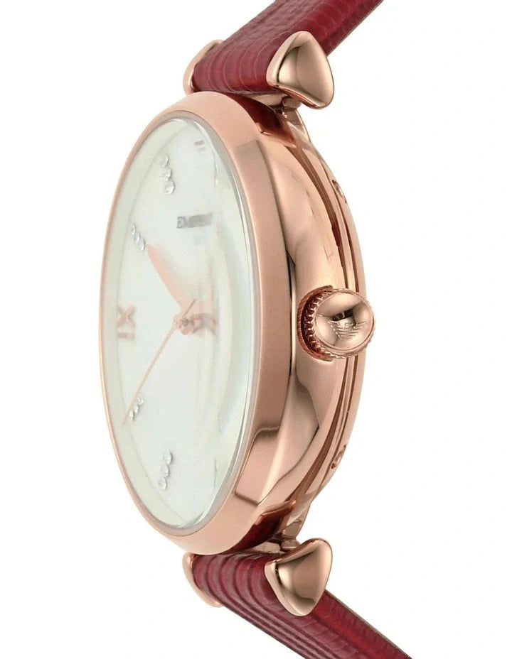 Emporio Armani Gianni T-Bar Mother of Pearl White Dial Red Leather Strap Watch For Women - AR60048