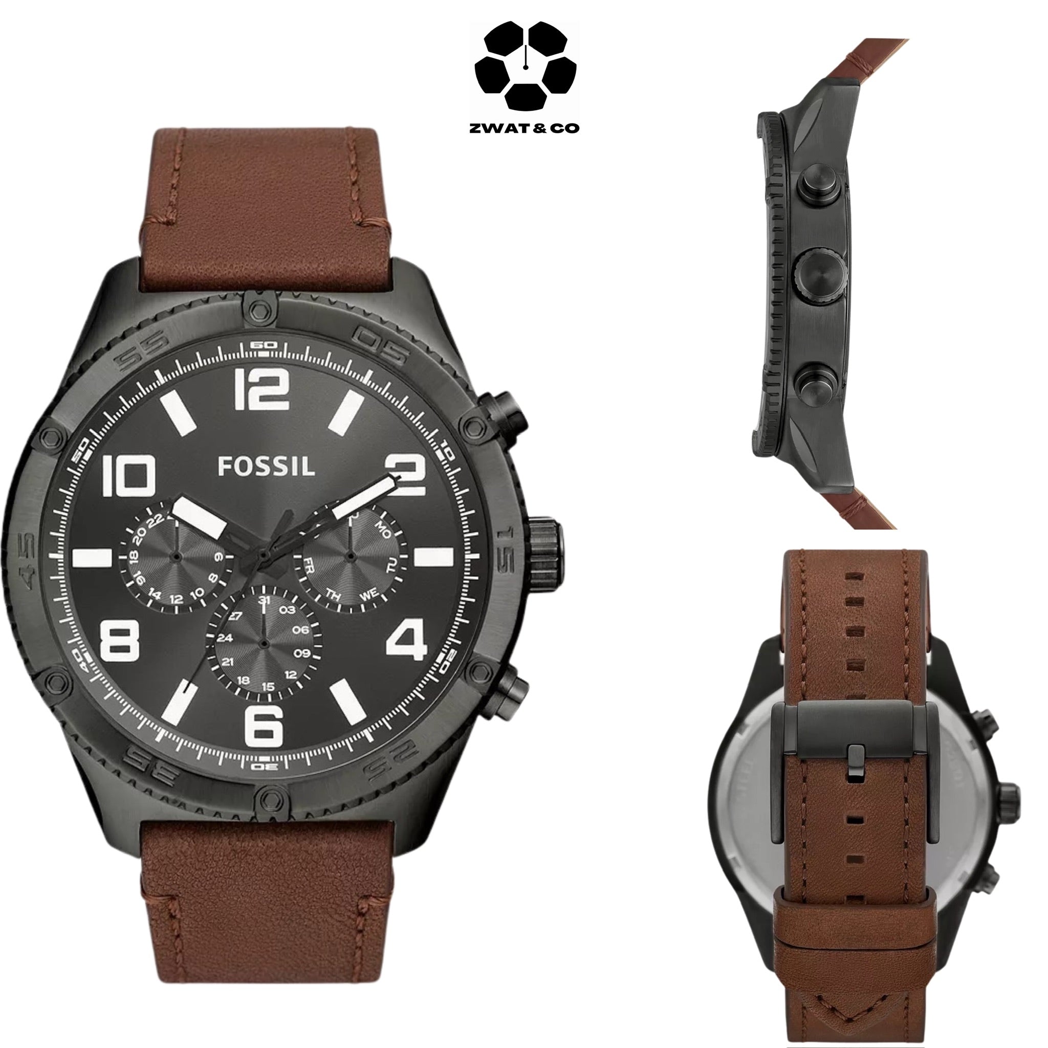 Fossil Brox Multifunction Grey Dial Brown Leather Strap Watch for Men - BQ2800