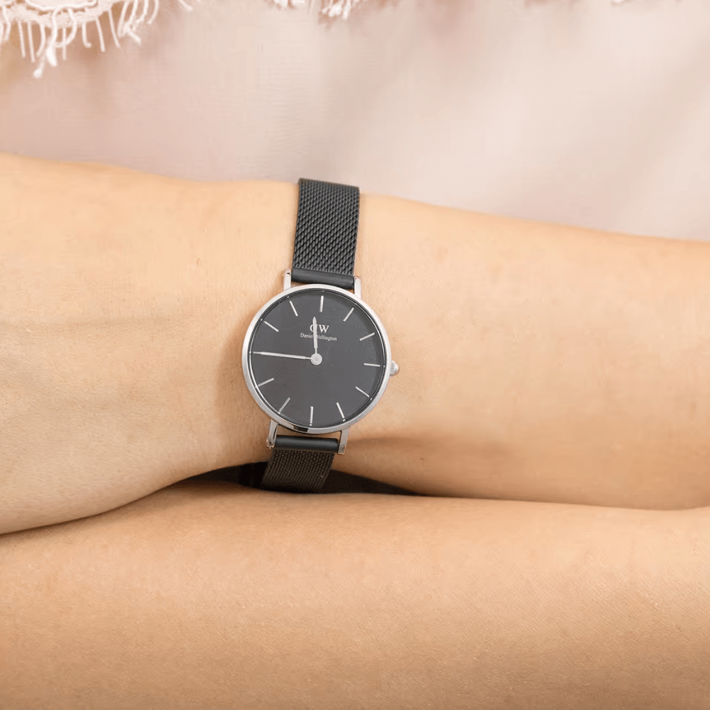 Daniel Wellington Petite Ashfield Black Dial Black Mesh Strap Watch For Women - DW00100246