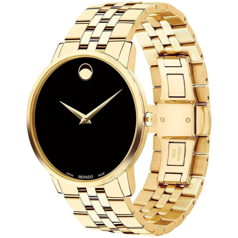 Movado Museum Classic Quartz Black Dial Gold Steel Strap Watch for Men - 0607203