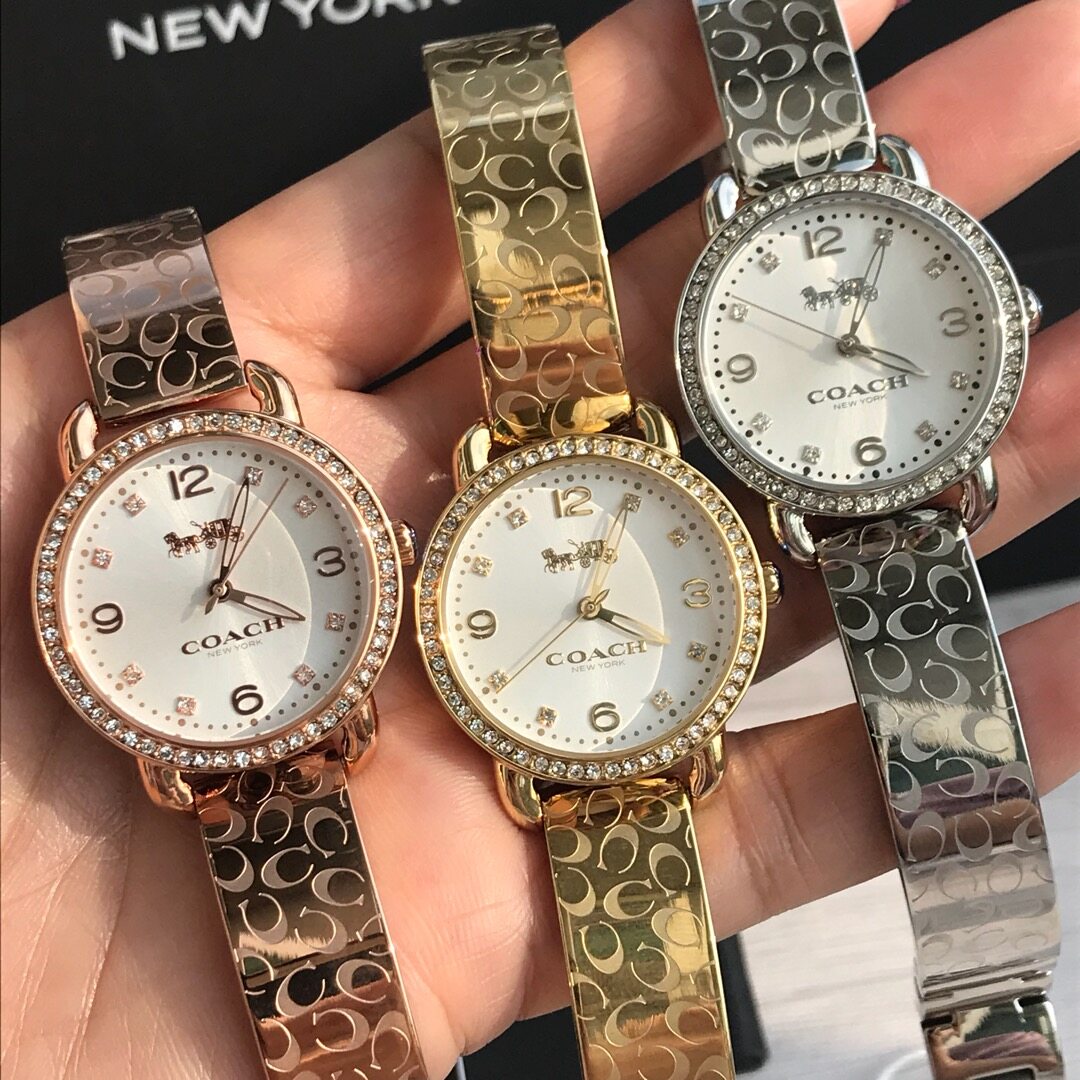 Coach Delancey Diamonds Silver Dial Gold Steel Strap Watch for Women - 14502354