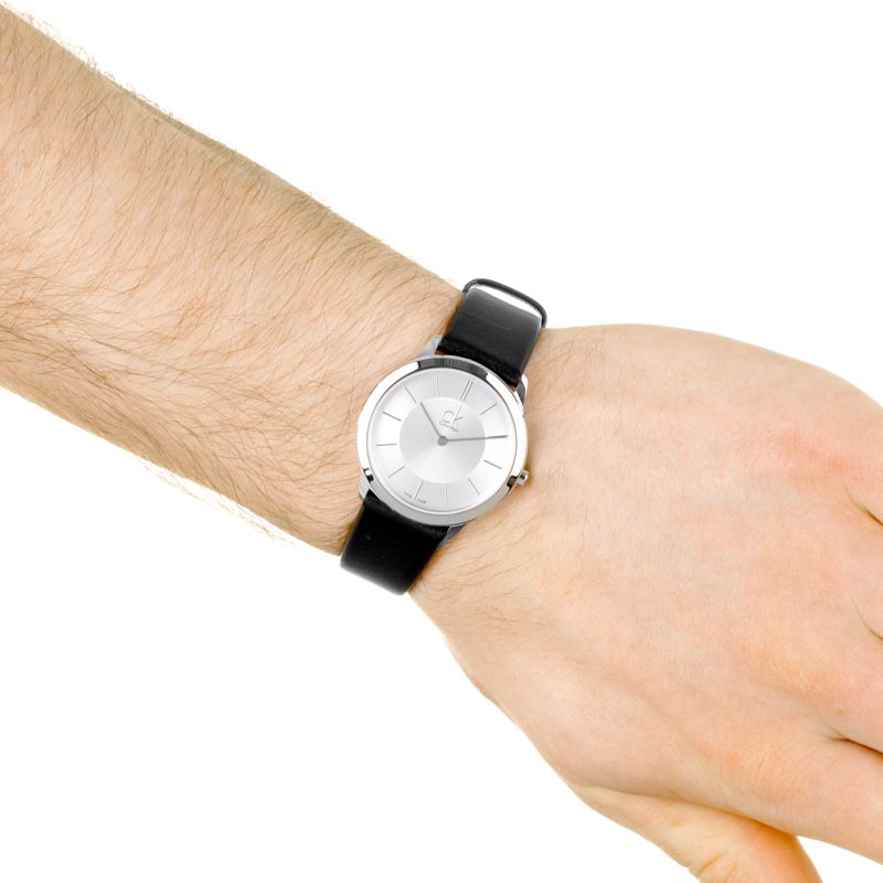 Calvin Klein Minimal Silver Dial Black Leather Strap Watch for Women - K3M221C6