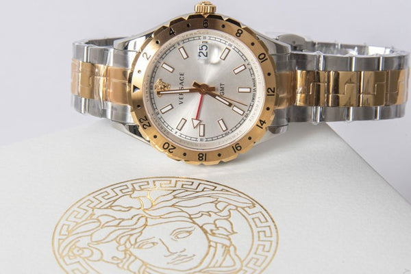 Versace Hellenyium GMT Silver Dial Two Tone Steel Strap Watch for Men - V11030015