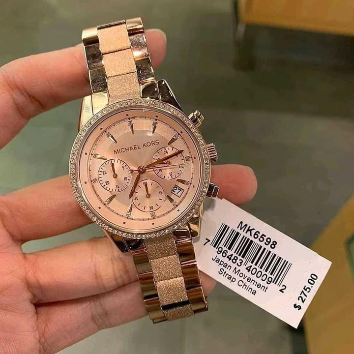 Michael Kors Ritz Chronograph Rose Gold Dial Rose Gold Steel Strap Watch For Women - MK6598