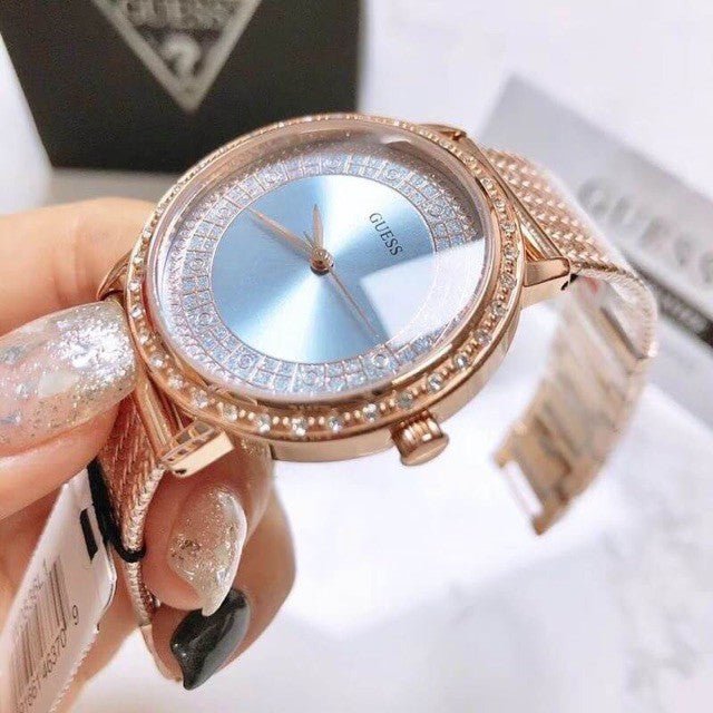 Guess Willow Crystal Blue Dial Rose Gold Mesh Bracelet Watch For Women - W0836L1