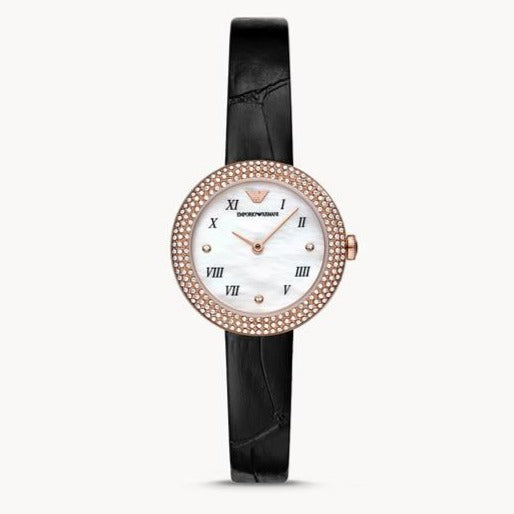 Emporio Armani Rosa Quartz Mother Of Pearl White Dial Black Leather Strap Watch For Women - AR11356