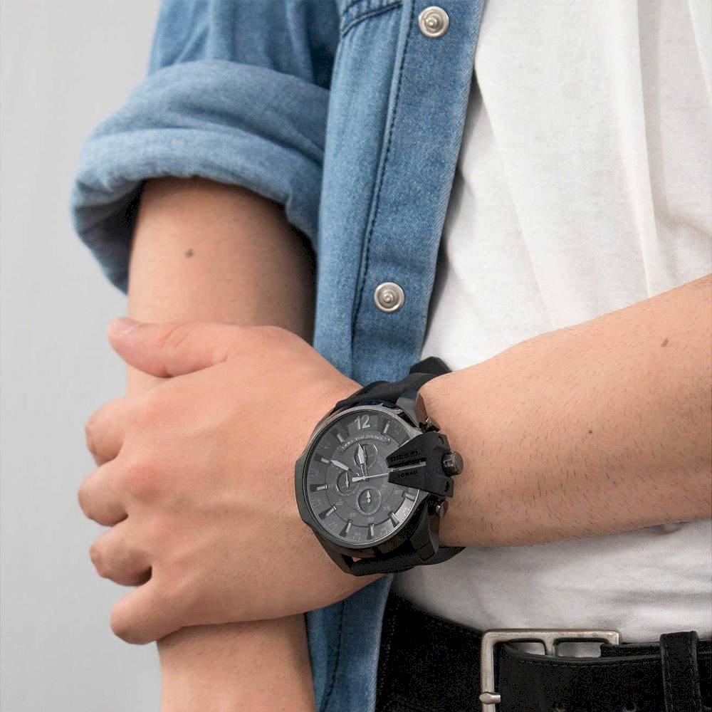 Diesel Mega Chief Chronograph Black Dial Black Steel Strap Watch For Men - DZ4355