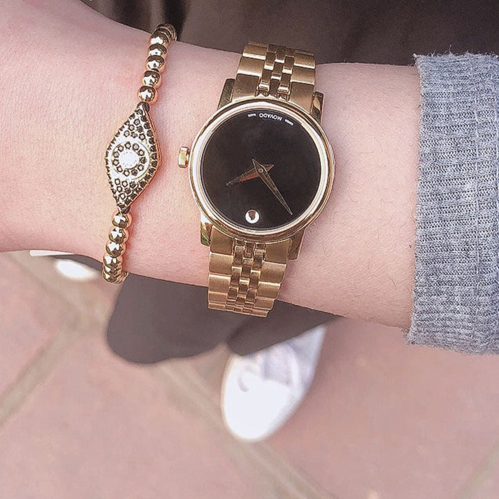 Movado Museum Classic Quartz Black Dial Gold Steel Strap Watch For Women - 0607005