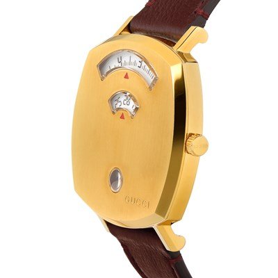 Gucci Grip Quartz Yellow Gold Dial Maroon Leather Strap Watch For Women - YA157405