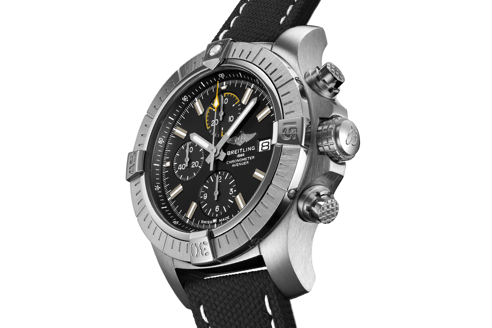 Breitling Avenger Chronograph 45mm Black Dial Black Leather Strap Watch for Men - A13317101B1X1