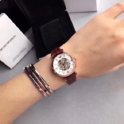 Emporio Armani Meccanico Skeleton Mother of Pearl Dial Brown Leather Strap Watch For Women - AR1993