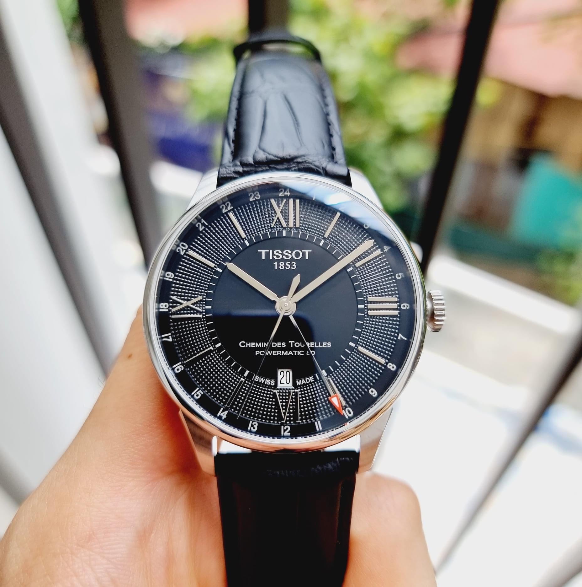 Tissot Chemin Des Tourelles Powermatic 80 Black Dial Black Leather Strap Watch For Men - T099.407.16.058.00