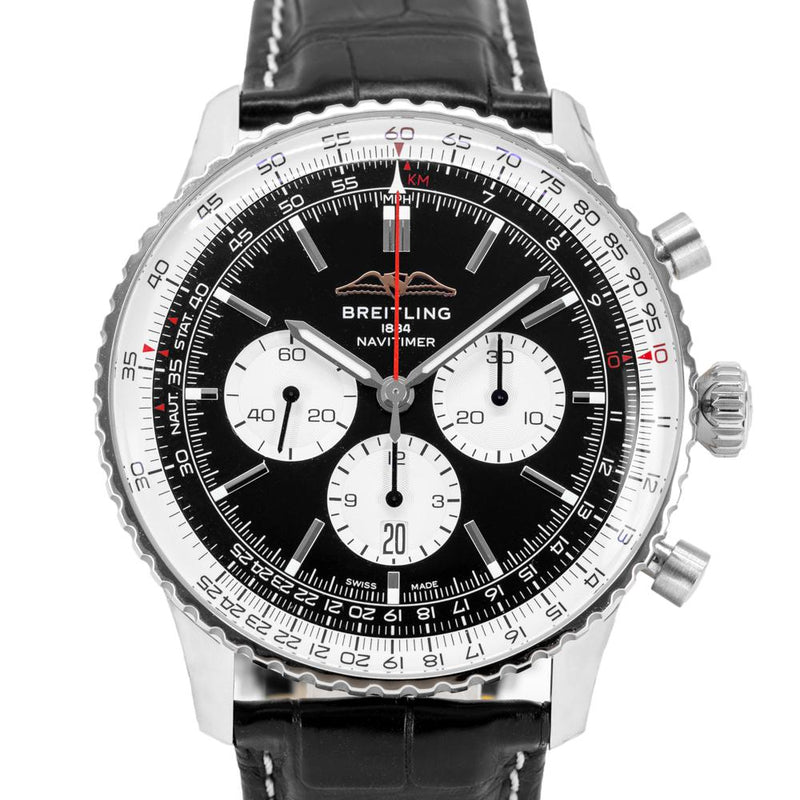 Breitling Navitimer B01 Chronograph 46 Black Dial Black Leather Strap Watch for Men - AB0137211B1P1