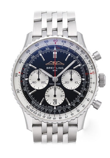 Breitling Navitimer B01 Chronograph 43 Black Dial Silver Steel Strap Watch for Men - AB0138211B1A1