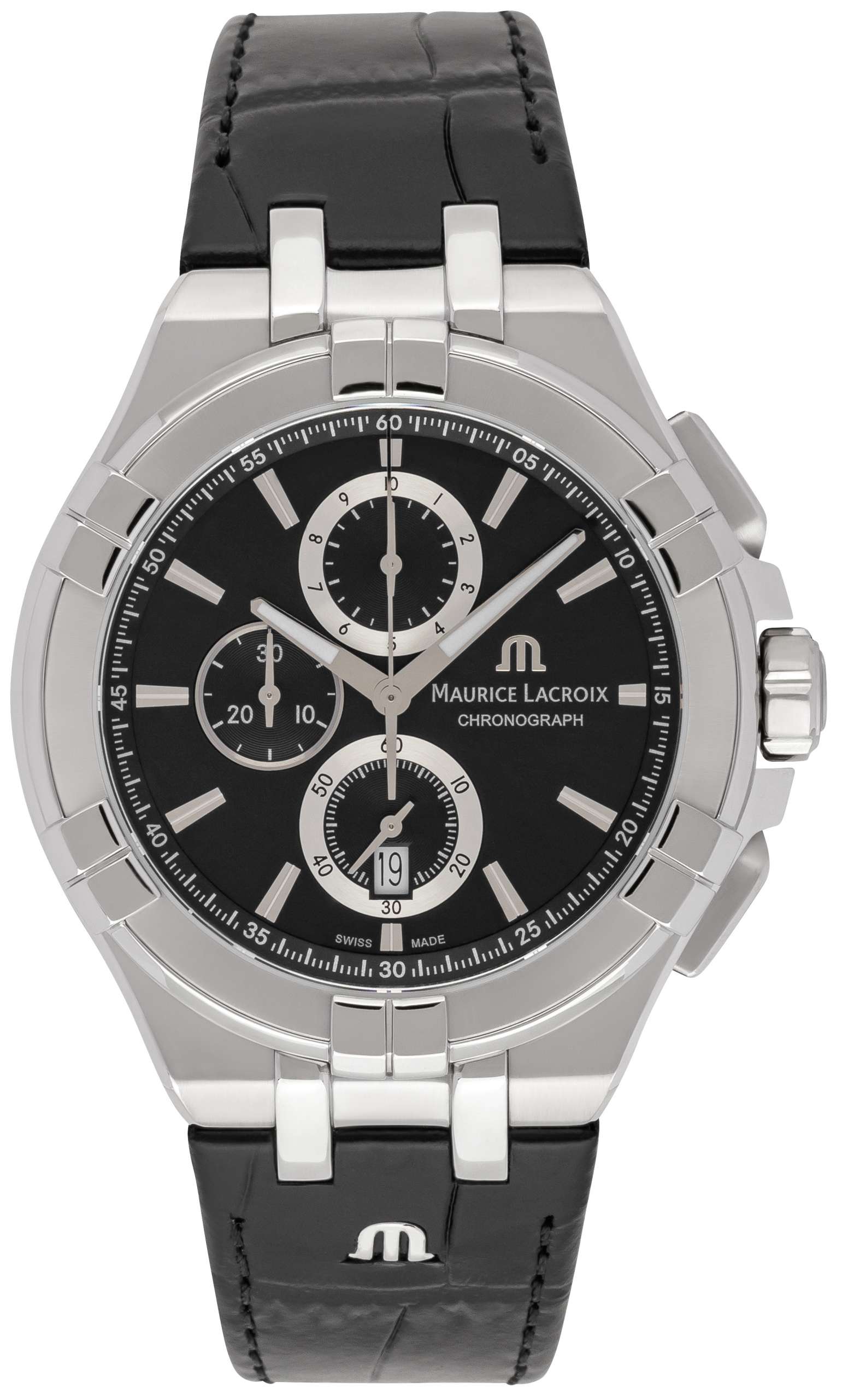 Maurice Lacroix Aikon Chronograph Black Dial Black Leather Strap Watch for Men - AI1018-SS001-330-1