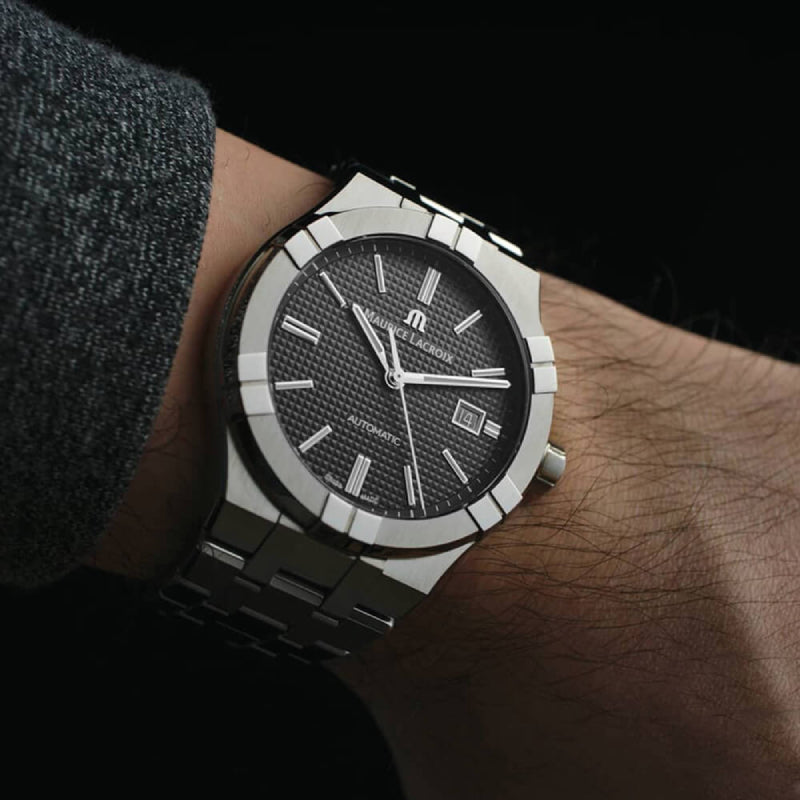 Maurice Lacroix Aikon Automatic Black Dial Silver Steel Strap Watch For Men - AI6008-SS002-330-1