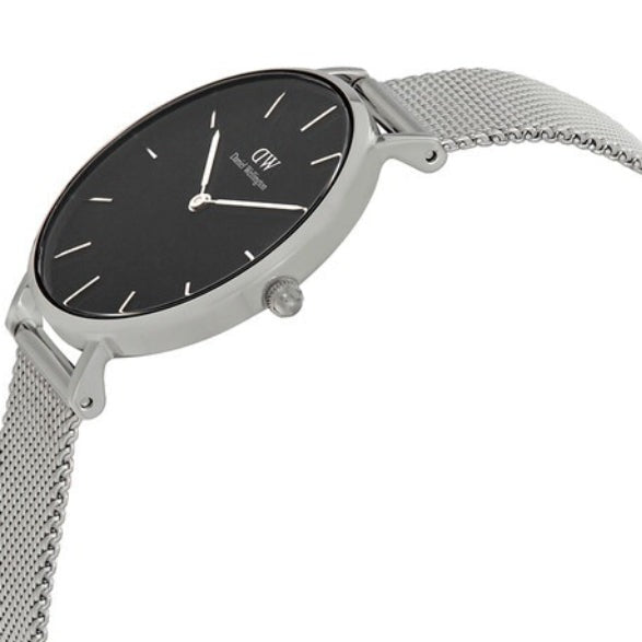 Daniel Wellington Classic Petite Sterling Black Dial Silver Mesh Bracelet Watch For Women - DW00100162