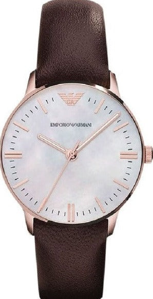 Emporio Armani Classic Quartz Mother of Pearl Dial Brown Leather Strap Watch For Women - AR1601