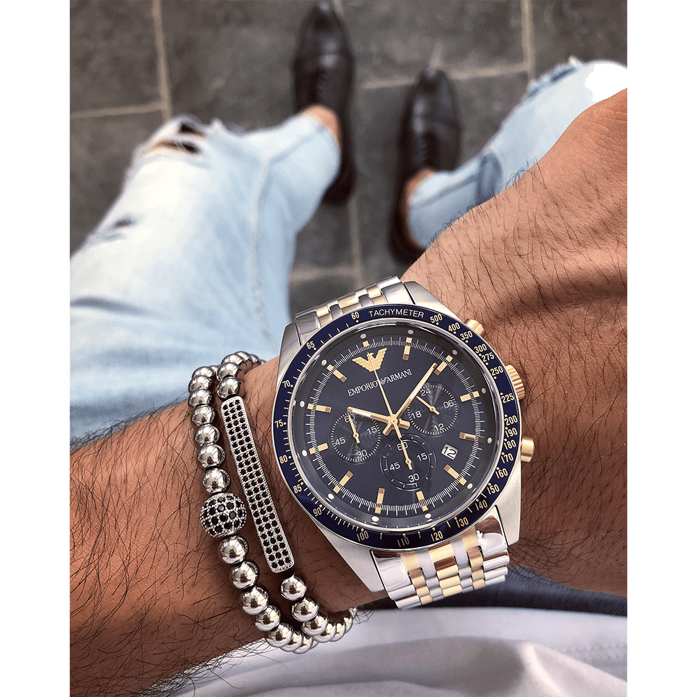 Emporio Armani Tazio Chronograph Blue Dial Gold & Silver Stainless Steel Strap Watch For Men - AR8030