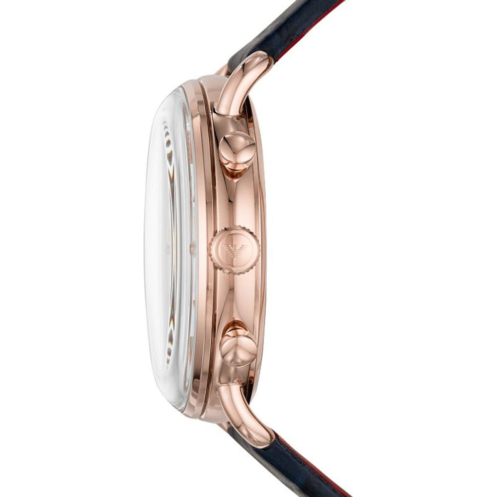 Emporio Armani Aviator Silver Dial Blue Leather Strap Watch For Men - AR11123