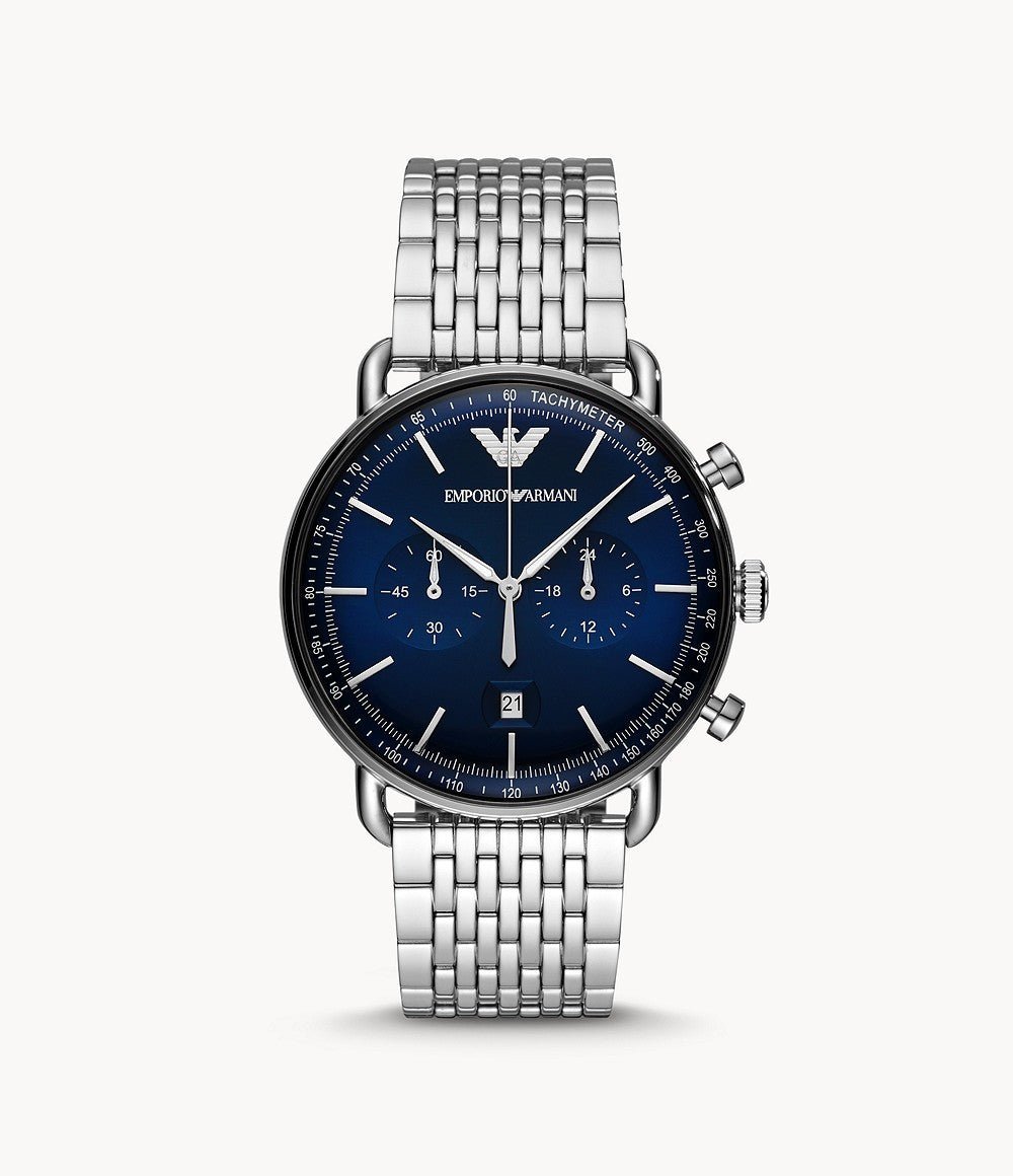 Emporio Armani Aviator Chronograph Blue Dial Silver Steel Strap Watch For Men - AR11238