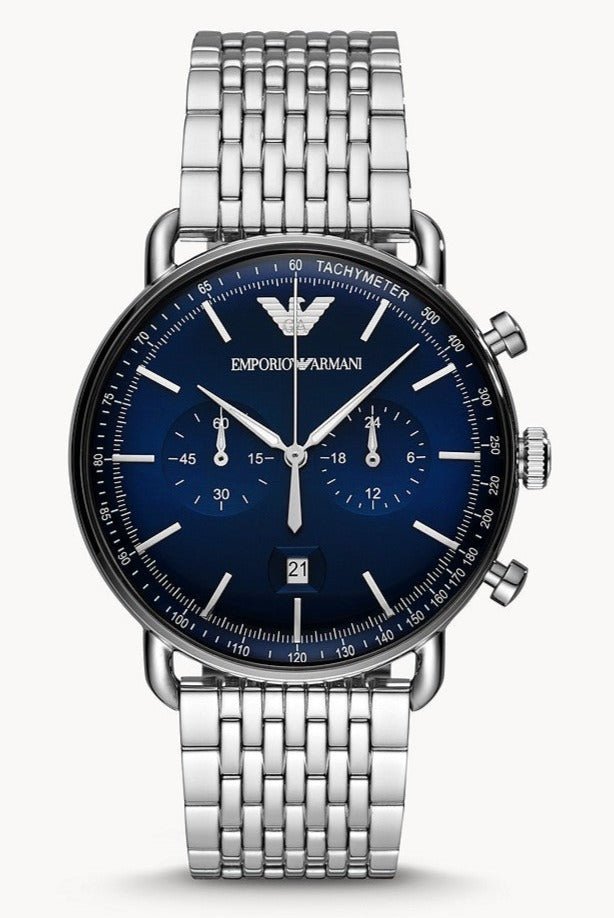 Emporio Armani Aviator Chronograph Blue Dial Silver Steel Strap Watch For Men - AR11238