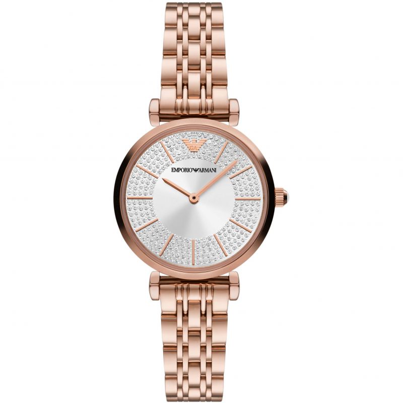 Emporio Armani Gianni T-Bar Crystals Silver Dial Rose Gold Steel Strap Watch For Women - AR11446
