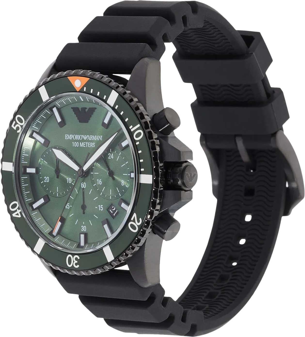 Emporio Armani Diver Chronograph Quartz Green Dial Black Silicon Strap Watch For Men - AR11463