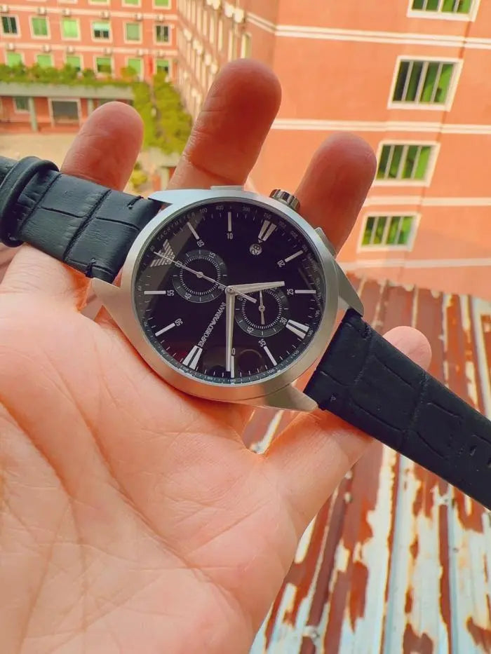 Emporio Armani Claudio Chronograph Black Dial Black Leather Strap Watch For Men - AR11542