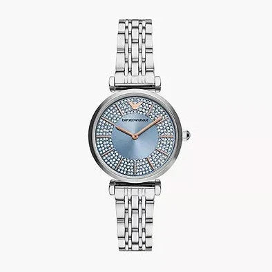Emporio Armani Gianni T-Bar Quartz Blue Dial Silver Steel Strap Watch For Women - AR11594
