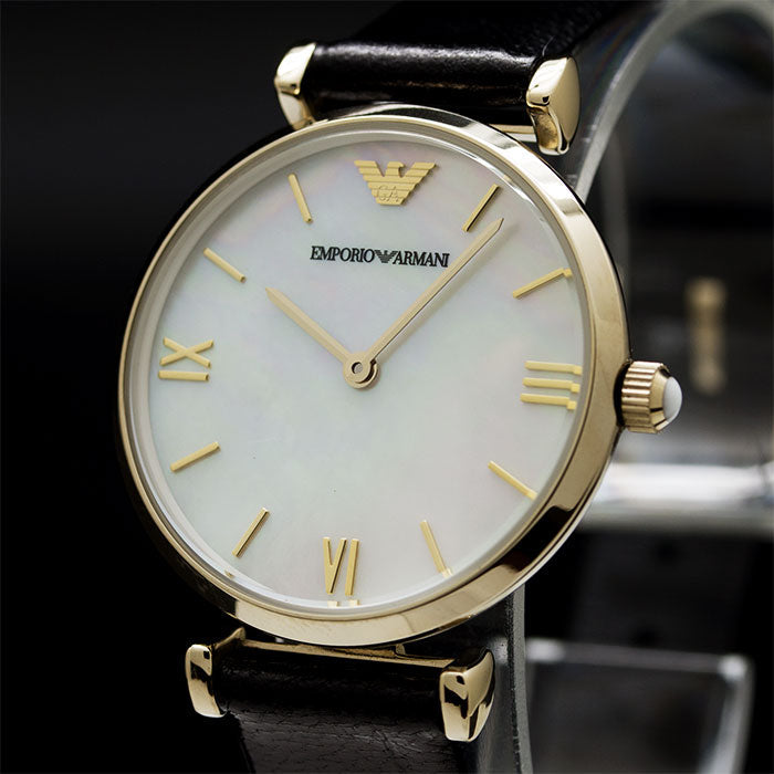 Emporio Armani Gianni T-Bar Quartz Mother of Pearl Dial Black Leather Strap Watch For Women - AR1910