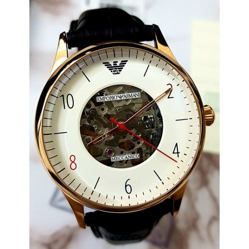 Emporio Armani Meccanico White Skeleton Dial Black Leather Strap Watch For Men - AR1924