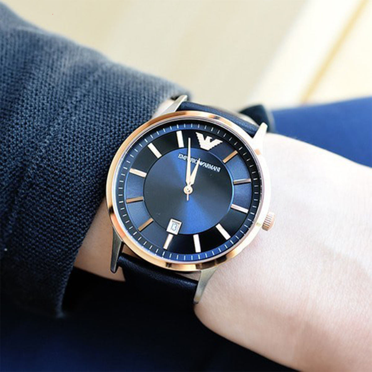 Emporio Armani Renato Analog Blue Dial Black Leather Strap Watch For Men - AR2506