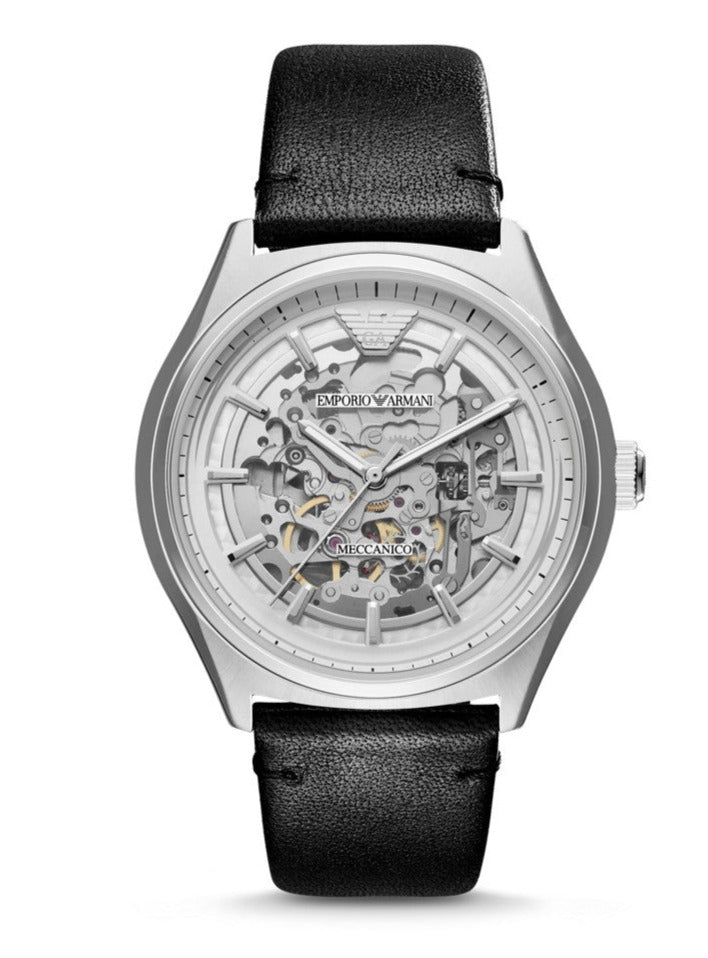 Emporio Armani Meccanico White Skeleton Dial Black Leather Strap Watch For Men - AR60003