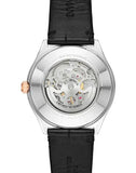 Emporio Armani Zeta Skeleton Automatic Silver Dial Black Leather Strap Watch For Men - AR60018