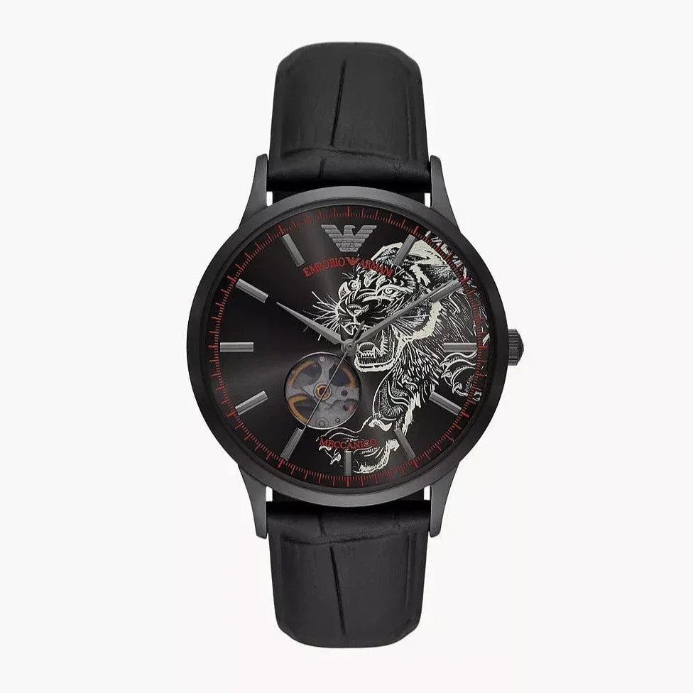 Emporio Armani Meccanico Skeleton Black Dial Black Leather Strap Watch For Men - AR60046