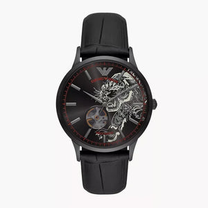 Emporio Armani Meccanico Skeleton Black Dial Black Leather Strap Watch For Men - AR60046