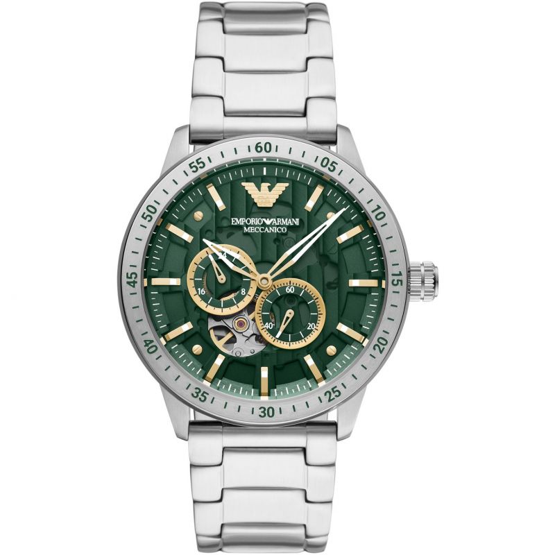 Emporio Armani Meccanico Chronograph Automatic Green Dial Silver Steel Strap Watch For Men - AR60053