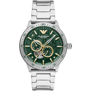 Emporio Armani Meccanico Chronograph Automatic Green Dial Silver Steel Strap Watch For Men - AR60053
