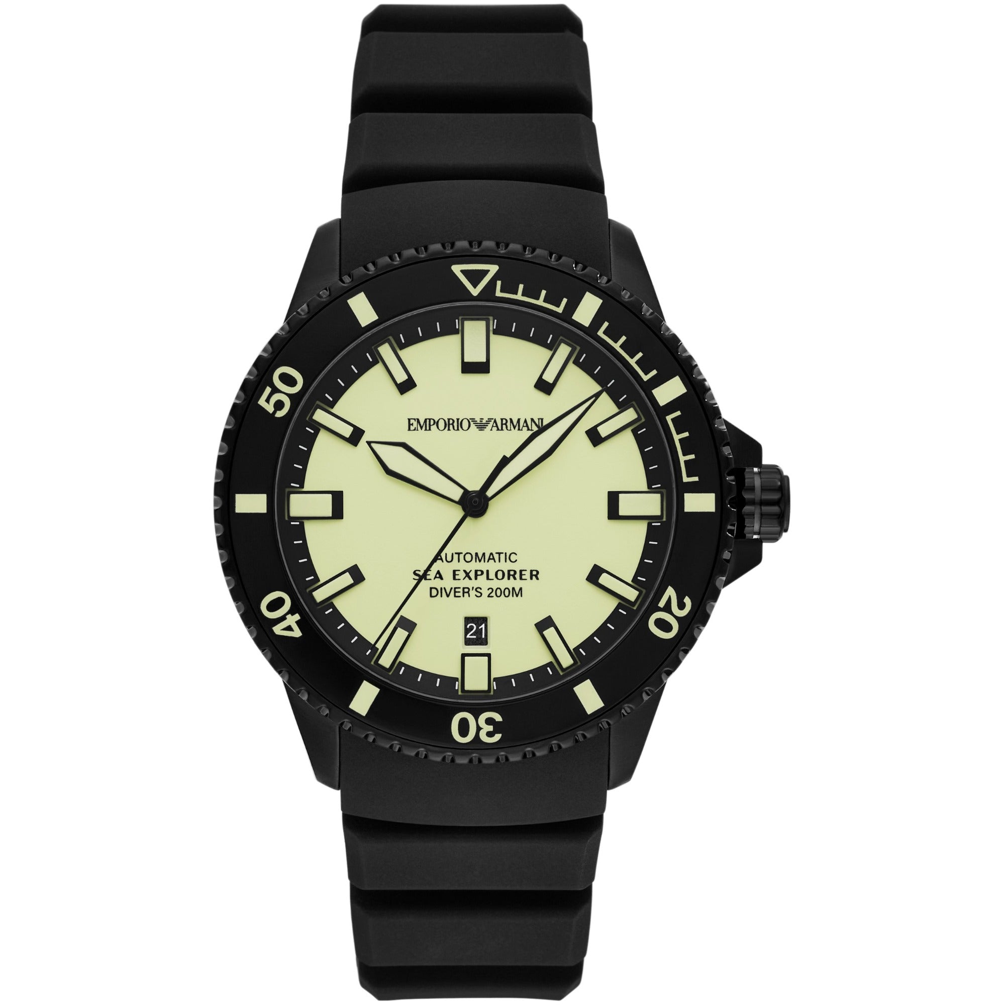 Emporio Armani Sea Explorer Automatic Yellow Dial Black Silicone Strap Watch For Men - AR60085
