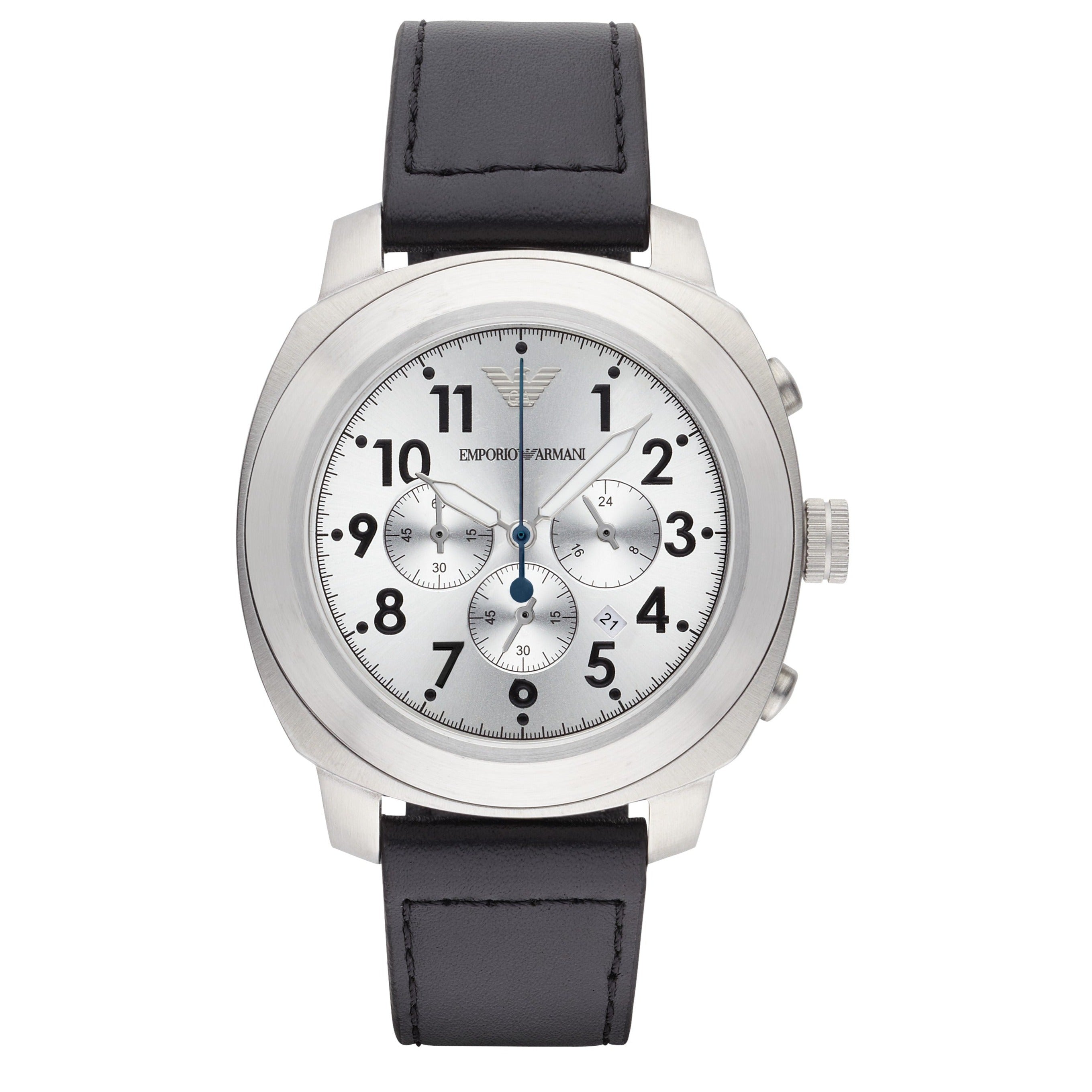 Emporio Armani Sportivo Chronograph Silver Dial Black Leather Strap Watch For Men - AR6054