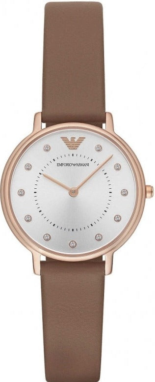 Emporio Armani Classic Analog Silver Dial Brown Leather Strap Watch For Women - AR8040