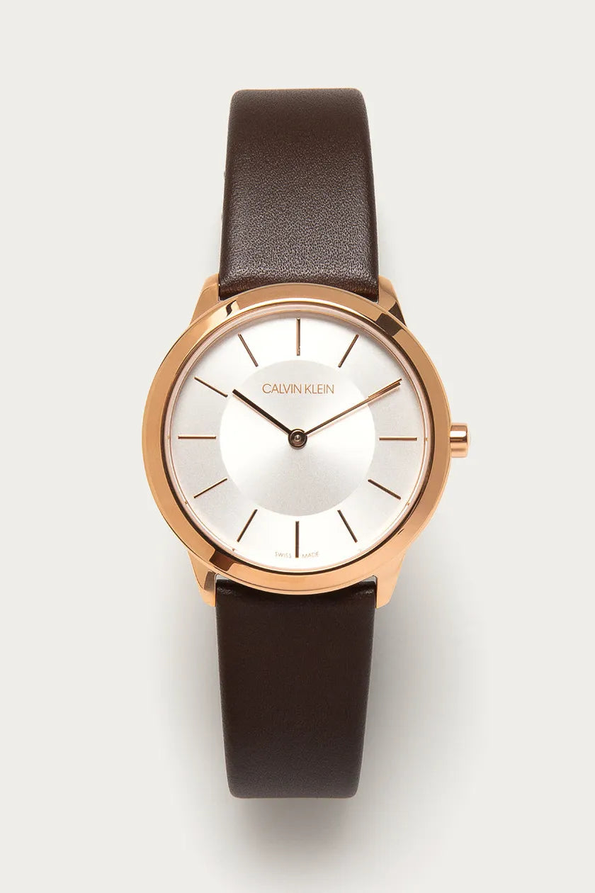 Calvin Klein Minimal White Dial Brown Leather Strap Watch for Women - K3M226G6