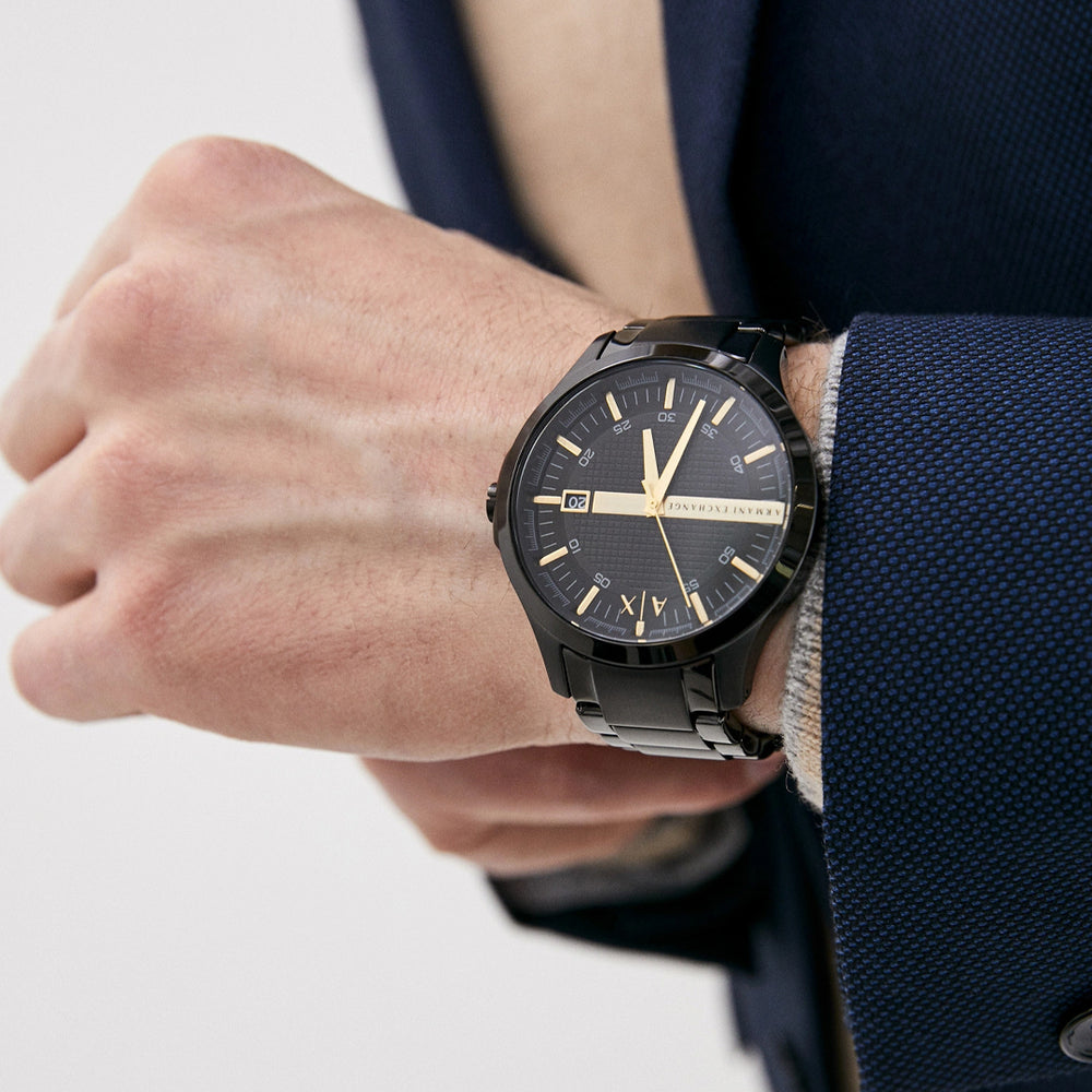 Armani Exchange Hampton Chronograph Black Dial Black Steel Strap Watch For Men - AX2413