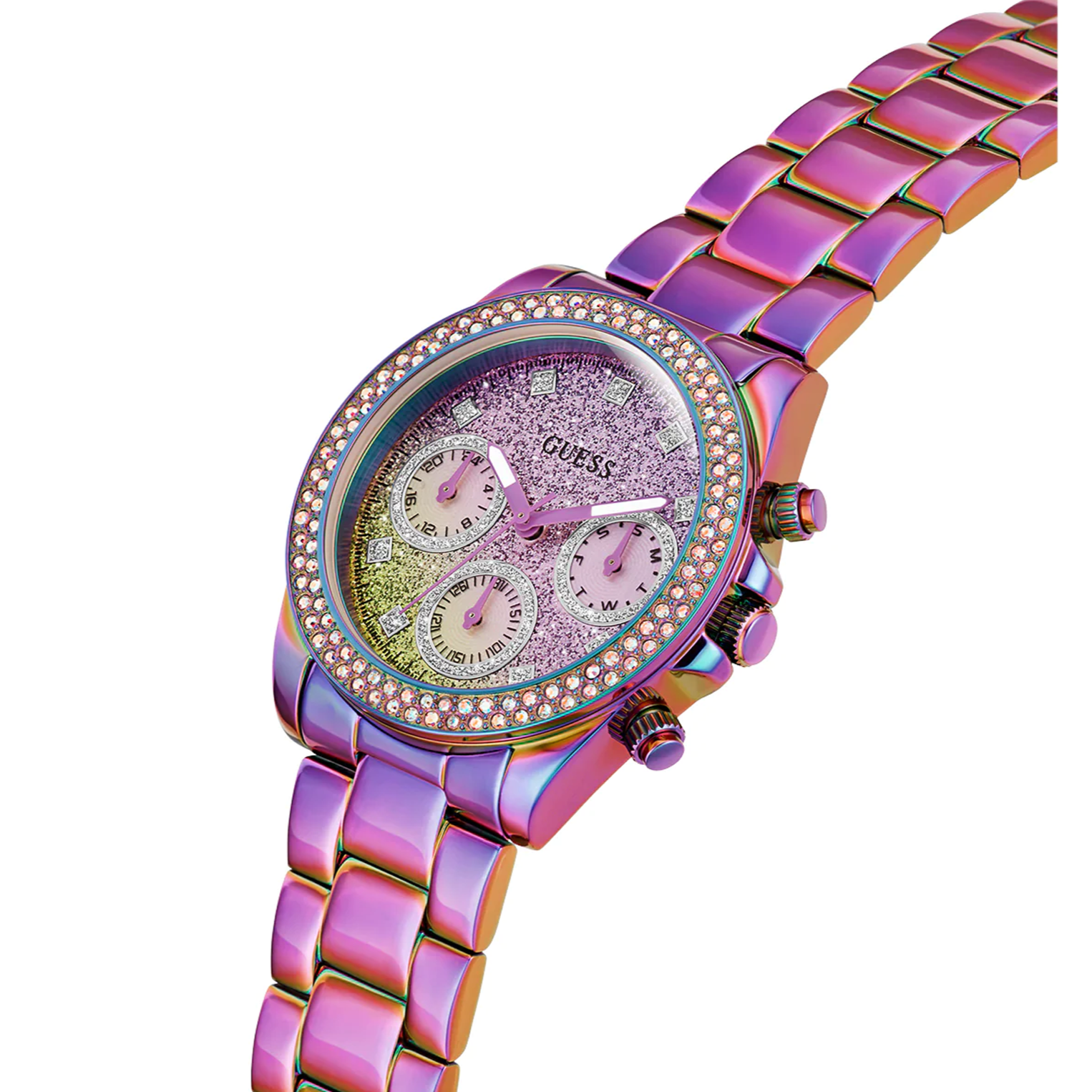 Guess Confetti Chronograph Crystals Multicolor Dial Purple Steel Strap Watch For Women - GW0483L5