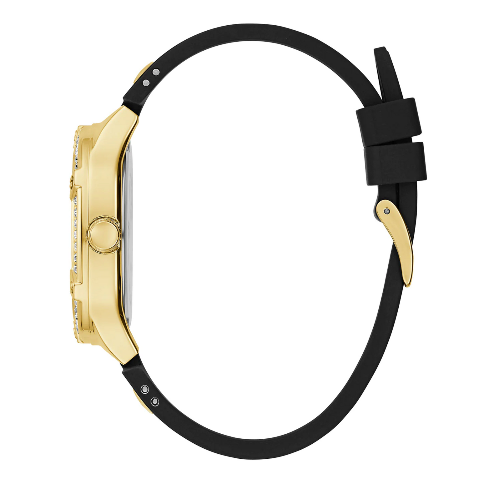 Guess Duchess Crystals Gold Dial Black Silicon Strap Watch For Women - GW0619L2