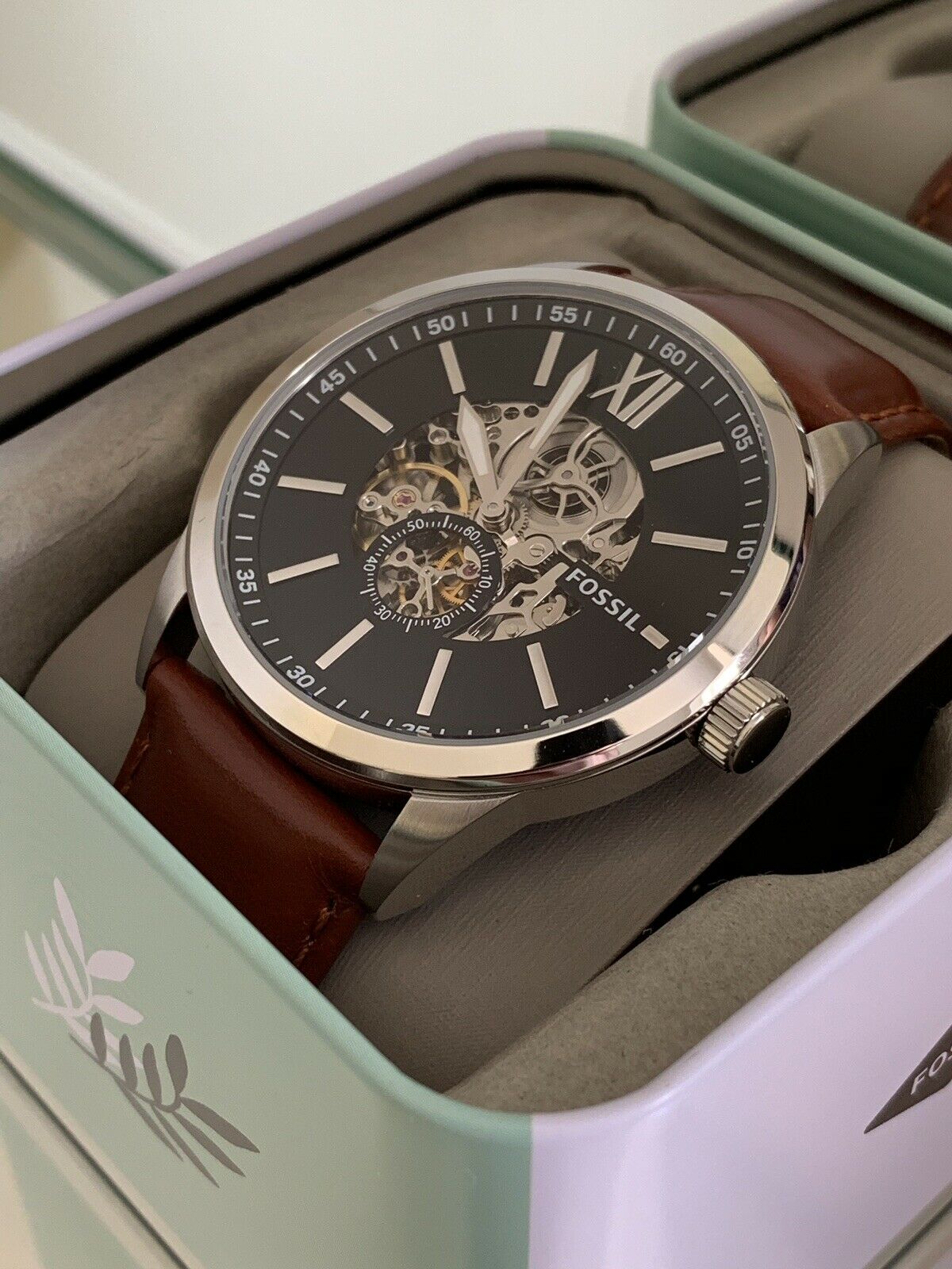 Fossil Flynn Automatic Black Dial Brown Leather Strap Watch for Men - BQ2270