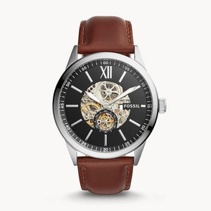 Fossil Flynn Automatic Black Dial Brown Leather Strap Watch for Men - BQ2270